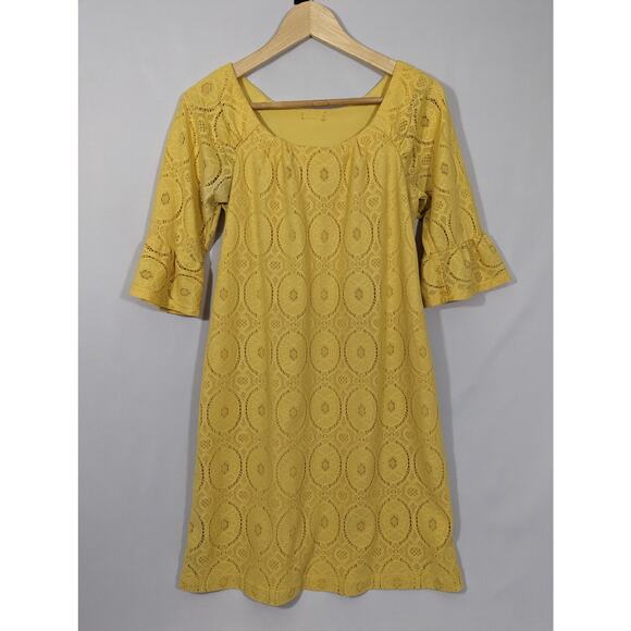 Beautiful Lace Overlay Half-Sleeve Dress Yellow XS - Picture 1 of 6